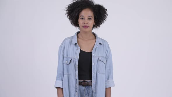 Happy Young Woman Waving Hand alt