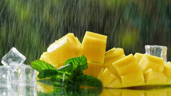 Ripe Mango Cubes on Green Nature Background alt