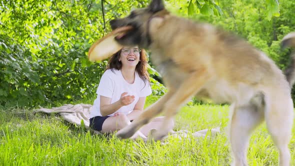 Happy Woman Play with Dog in Park