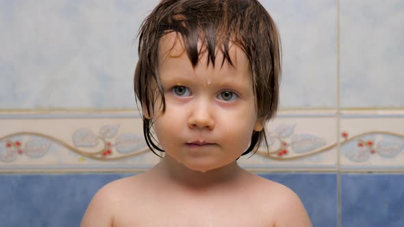 Face of Beautiful Green-eyed Little Girl After Taking a Shower. Child with Wet Face and Hair