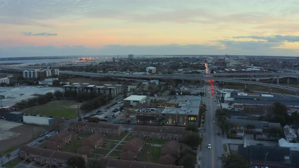 Flying over downtown Charleston at sunset alt