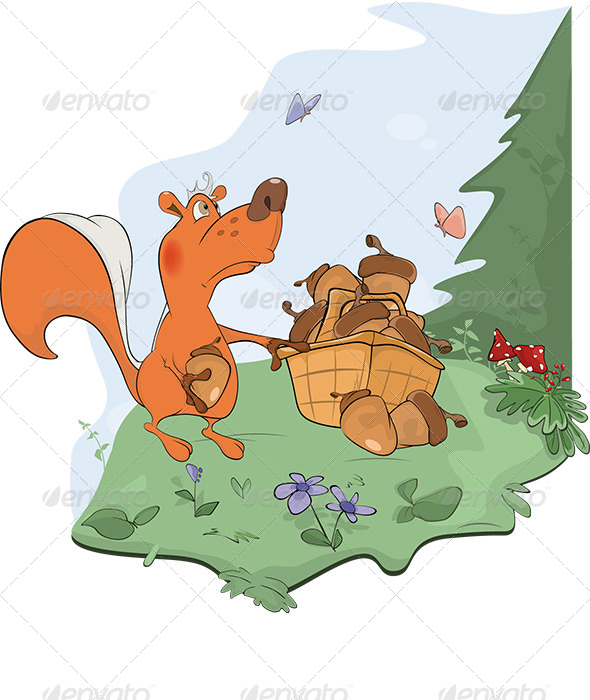 Squirrel and Acorns Cartoon - Animals Characters
