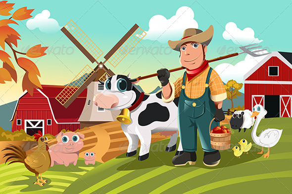 Farmer at the Farm with Animals - People Characters