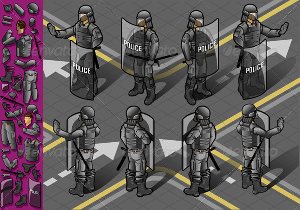Isometric Set of Eight Standing Policeman - People Characters