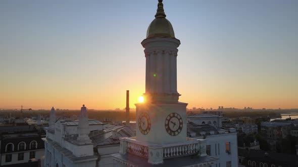 Historical District of Kyiv - Podil in the Morning at Dawn. Ukraine. Aerial View alt