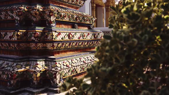 Buddhist Temple Close Up Detail at Bangkok Temple of the Reclining Buddha in Thailand, Colourful Dec alt