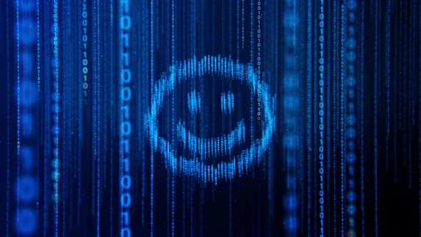 Blue Binary Code,Matrix Code, Falling Digital Symbols With Smile Icon