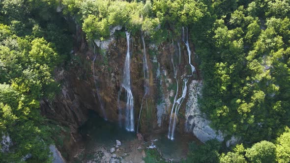 Close-up view of the beautiful Plitvice Lakes National Park with waterfalls.Large powerful waterfall alt
