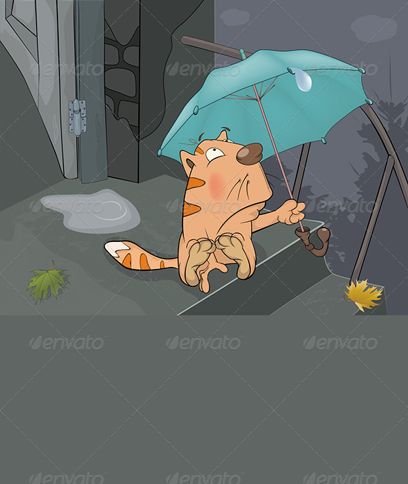Cat and an Autumn Rain Cartoon - Animals Characters