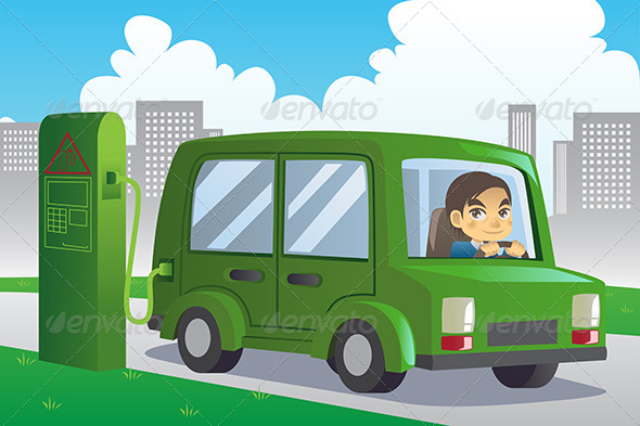 Electric Car Charging - People Characters