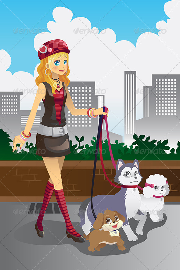 Girl Walking her Dogs - People Characters
