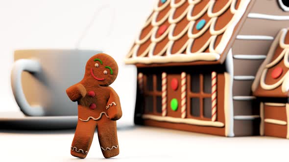 Gingerbread Man Dancing Near a Gingerbread House and a