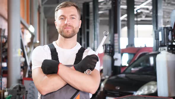 Portrait of a European Car Mechanic He Looks at the Camera and Laughs Happily alt