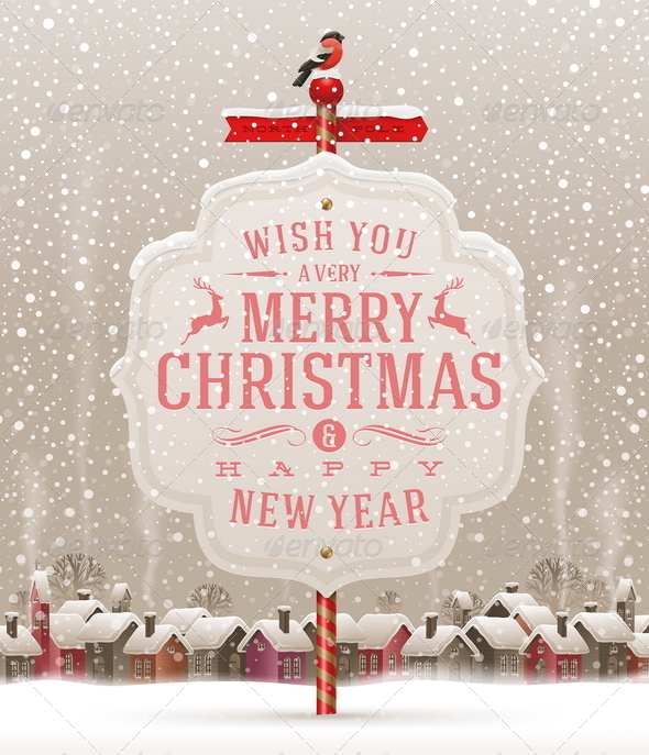 Signboard with Christmas Greeting & Winter Village - Christmas Seasons/Holidays