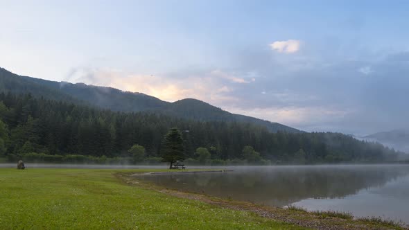 Morning Mist over the Forest Lake