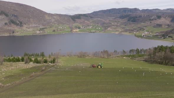 Tractor spreads fertilizer over farm as seagulls fly past. alt