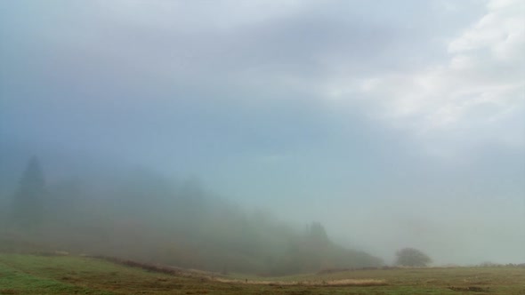 Morning Mist Over the Valley Among the Mountains in the Sunlight. Fog and Beautiful Nature of