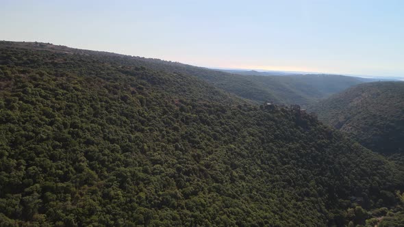 Aerial Shot Of Green Landscape Against Clear Sky Drone Flying On Sunny Day  Galilee Israel