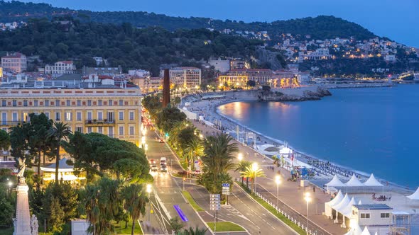 Evening Aerial Panorama of Nice Day to Night Timelapse France alt
