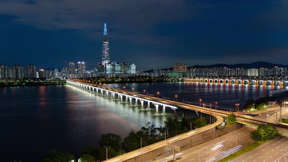 Seoul Skyscraper Jamsil Railway Bridge Night Traffic