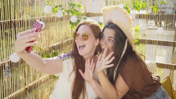 Ladies Make Selfie on Terrace in Summer Time