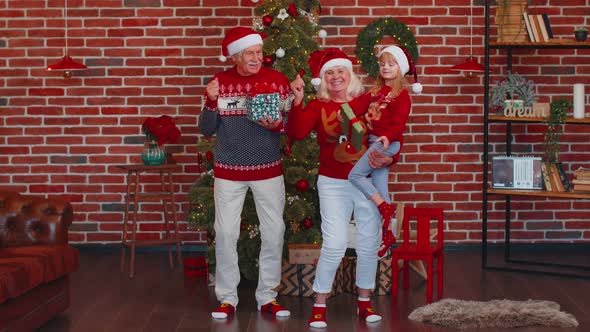 Cheerful Old Grandparents with Granddaughter Child Kid Dancing at Home Near Decorated Christmas Tree alt