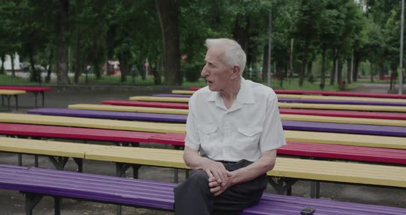 Cheerful Senior Man Coming to His Friend in a Park Rejoicing and Shaking Hands alt