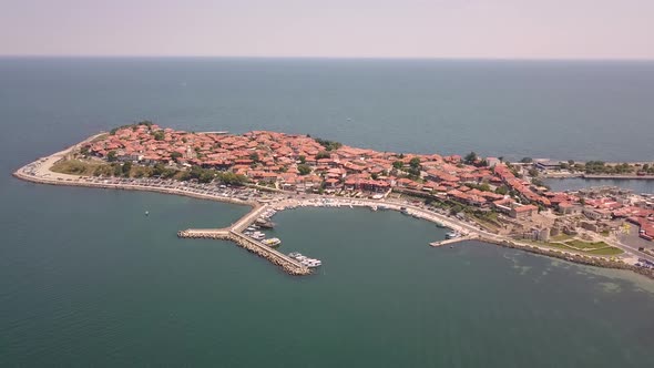 Aerial view of the ancient town of Nessebar located by the Black Sea coast in Bulgaria. alt