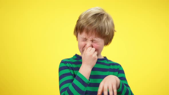 Cute Blond Little Boy Closing Nose Smelling Unpleasant Smell alt