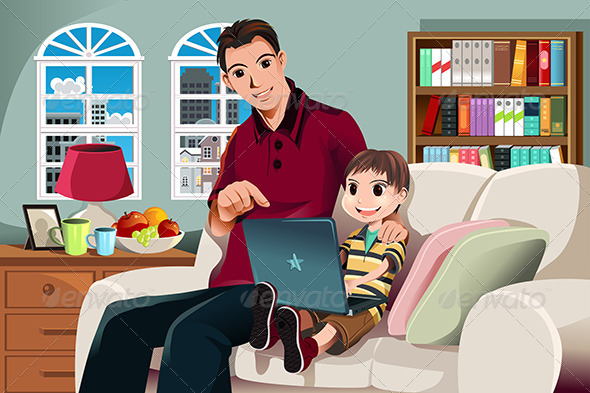 Father and Son Using Computer - People Characters