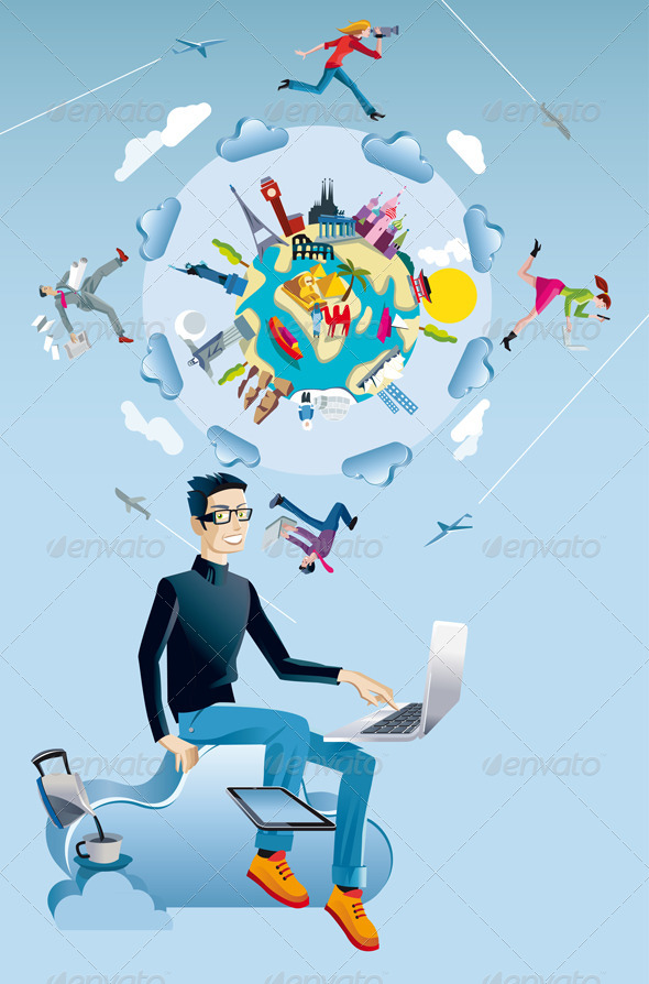 Man with Computer and World Globe - Technology Conceptual