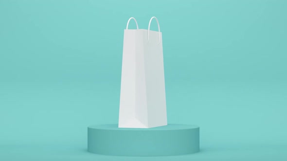 3D Mockup of an empty shopping bag on a blue podium. Minimal modern motion design. alt