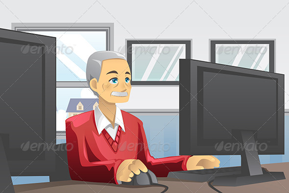 Senior Man Using Computer - People Characters