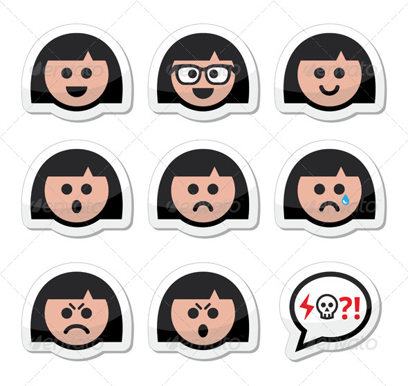 Girl or Woman Faces, Avatar Vector Icons Set - People Characters
