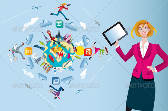 Woman with Tablet and World Globe - Concepts Business