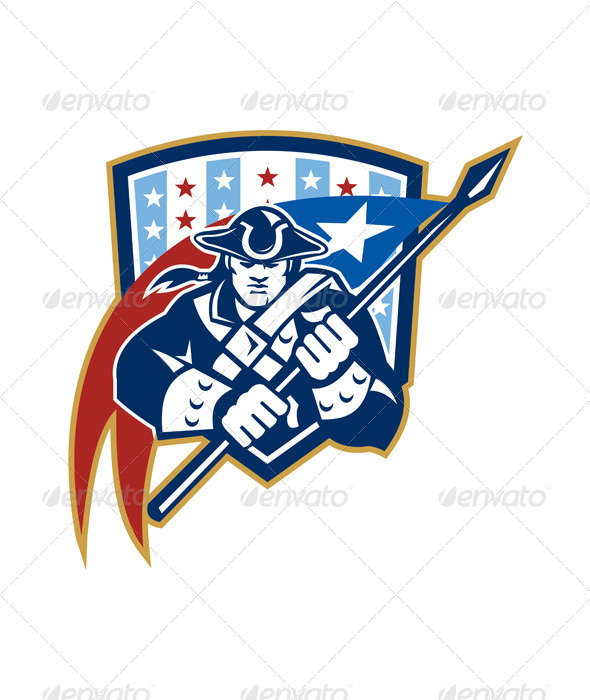 American Patriot Holding Brandish Flag Crest - People Characters