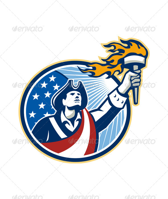 American Patriot Holding Torch Stars Stripes Flag - People Characters