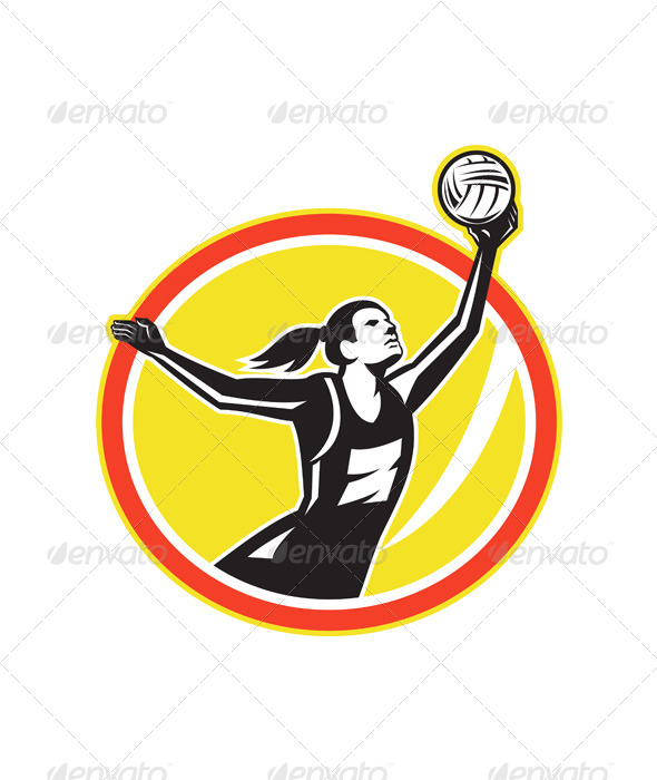 Netball Player Catching Ball Retro - Sports/Activity Conceptual