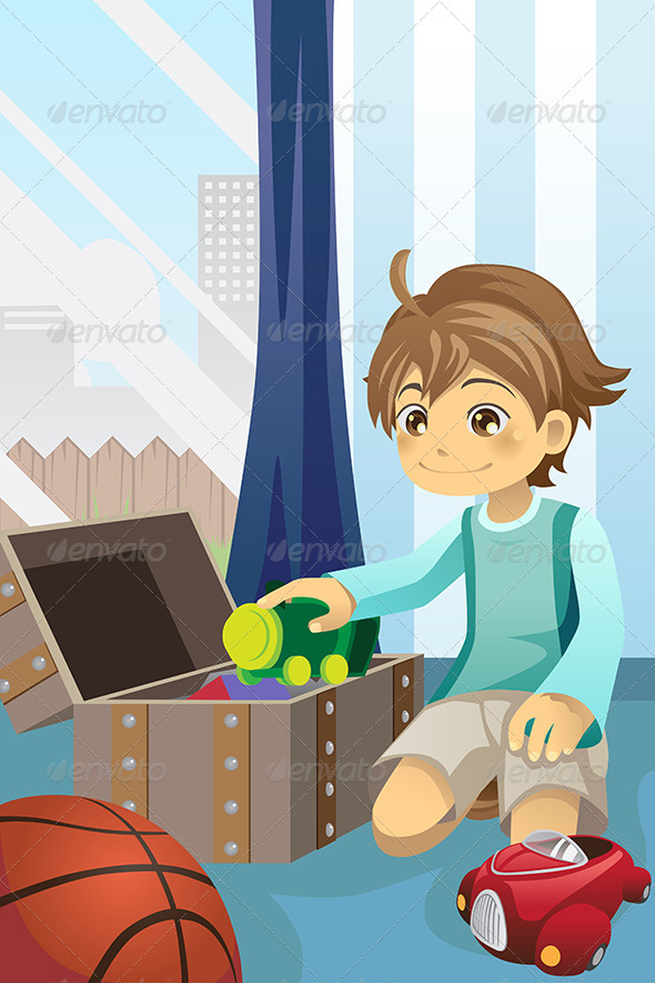 Boy Cleaning Up his Toys - People Characters