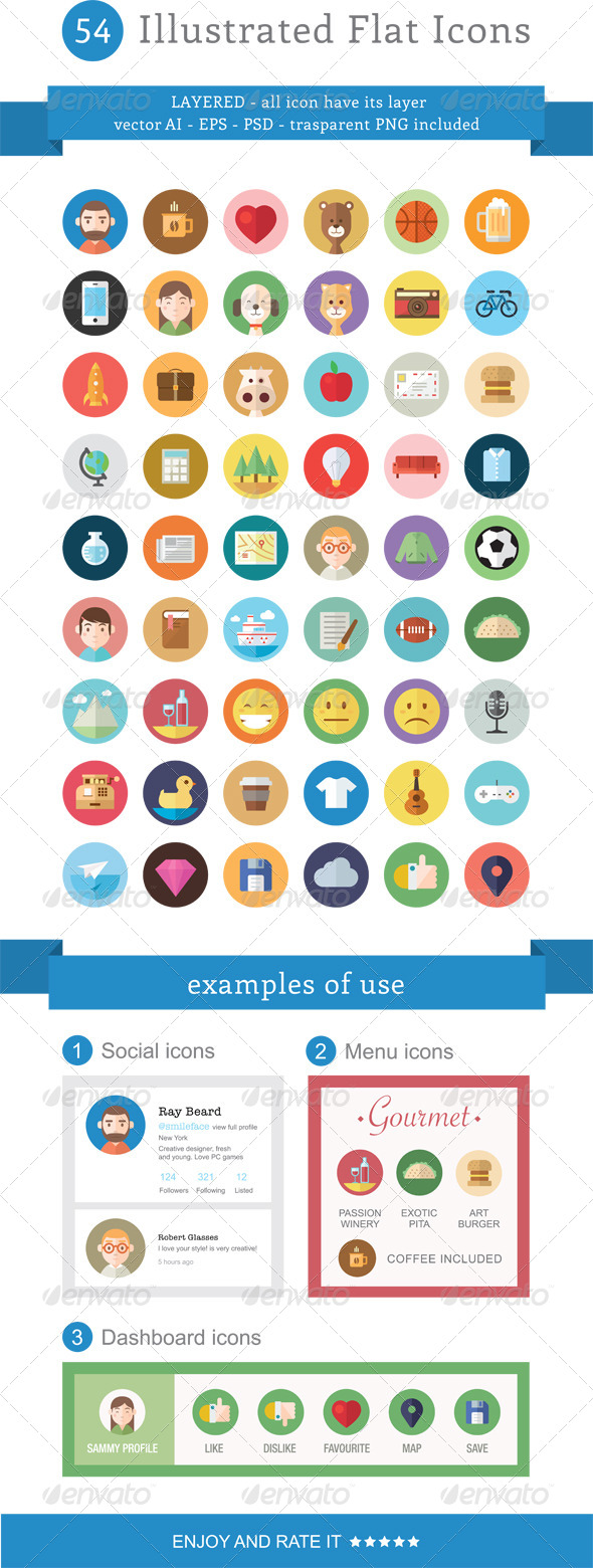 54 Illustrated Flat Icons - Miscellaneous Characters