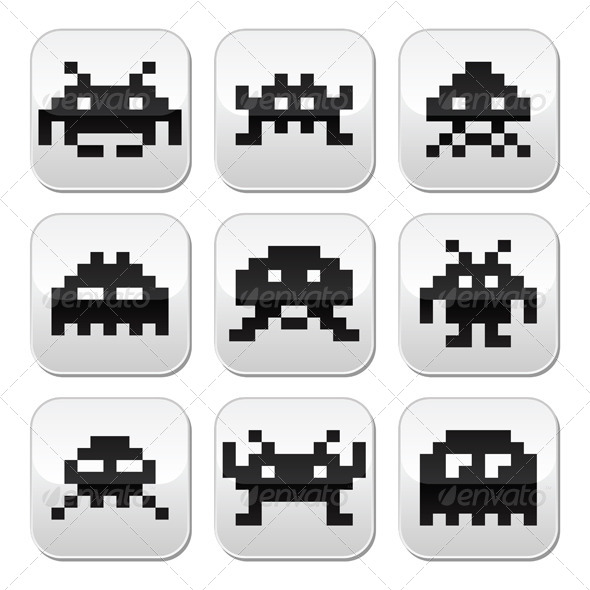 Space Invaders 8bit Aliens Button Set - Monsters Characters