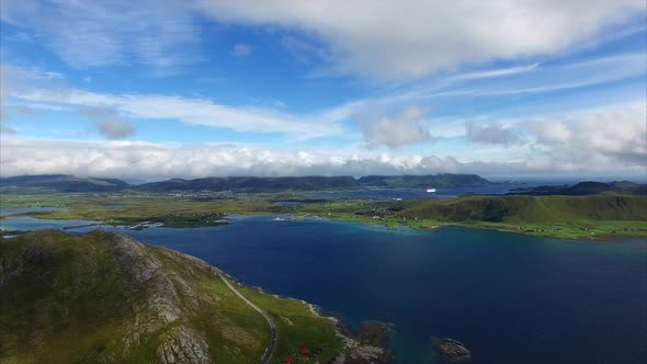 Aerial timelapse of Leknes area on Lofoten islands in Norway alt