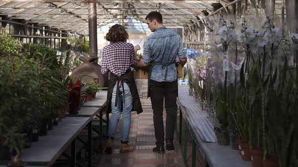 Caucasian Gardener in Shirt and Green Apron Carrying Carton Box with Pink Flowers Plants While alt