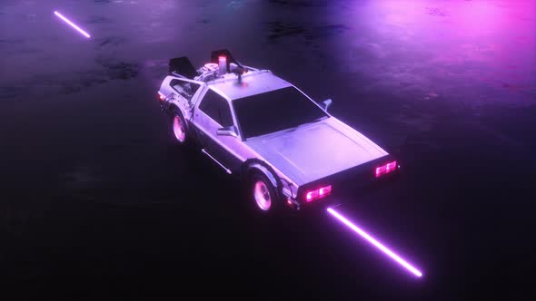 Cyber Car Delorean Riding With Glowing Neon Lights Futuristic Background alt