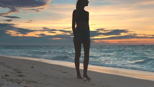 Woman Walking Along Coastline at Beauty Sunset alt
