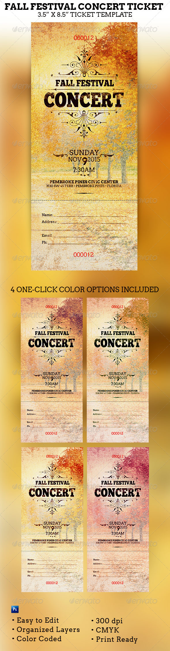 Fall Festival Concert Ticket Template - Miscellaneous Print Templates