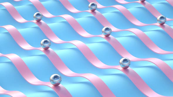 A loopable 3d render animation of balls sliding, metallic, pink and blue colors alt