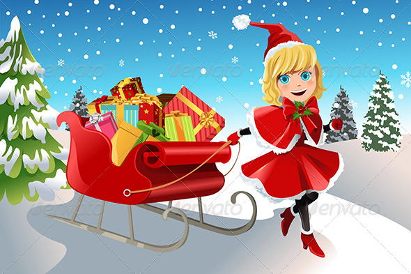 Christmas Girl Pulling Sleigh - People Characters