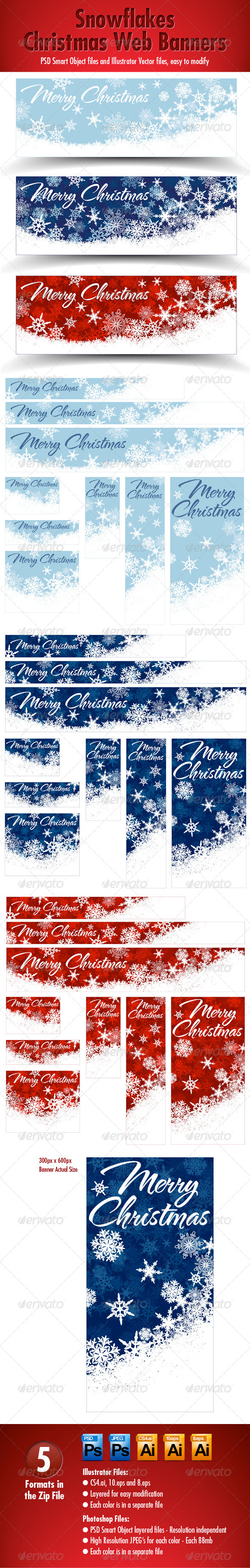Snowflakes Christmas Web Banners - Three Colors - Web Elements Vectors