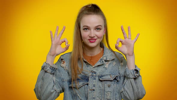 Teen Stylish Girl Looking Approvingly at Camera Showing Ok Gesture Like Sign Positive Something Good alt